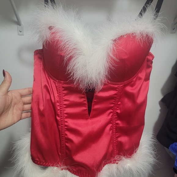 Satin LaSensa Christmas Corset Lingerie - Red with White Fluff Feathers - Small